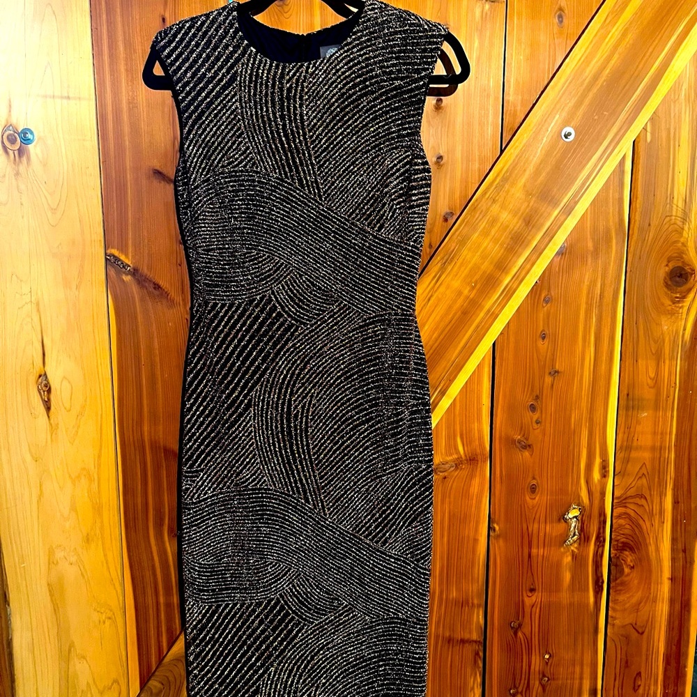Vince Camuto gold and black sparkling cocktail dress.